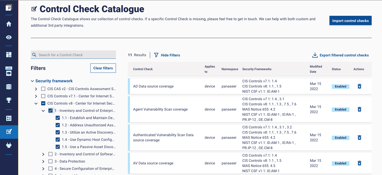 Screenshot of the Panaseer platform showing the control check catalogue.