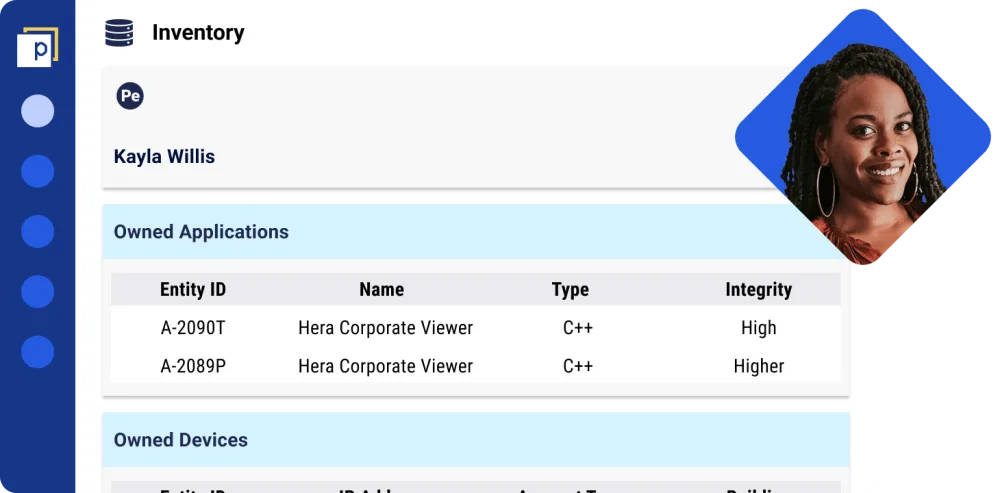 A simplified Panaseer dashboard shows an inventory for an employee called kayla Willis, including owned applications and devices, alongside an avatar of a smiling black woman in a blue diamond shape.