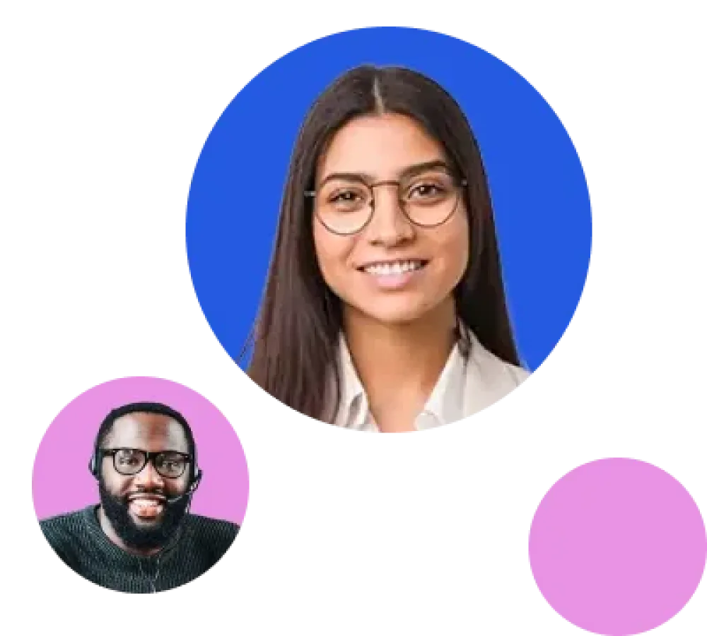 A latino woman with glasses in her twenties, on a blue circle background, next to a black man with beard in his thirties wearing a headset, in a pink circle.