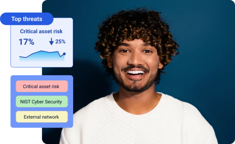 A young smiling south asian man with a white tshirt, and dark blue background, with small Panaseer UI snippets from the platform, including top threats and critical asset risk.