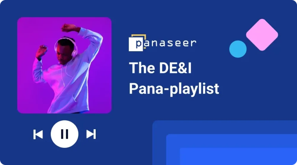 A thumbnail showing the Pana-playlist. There is a man dancing with a pause button underneath. The Panaseer logo and the title "The DE&I Pana-playlist" are present.