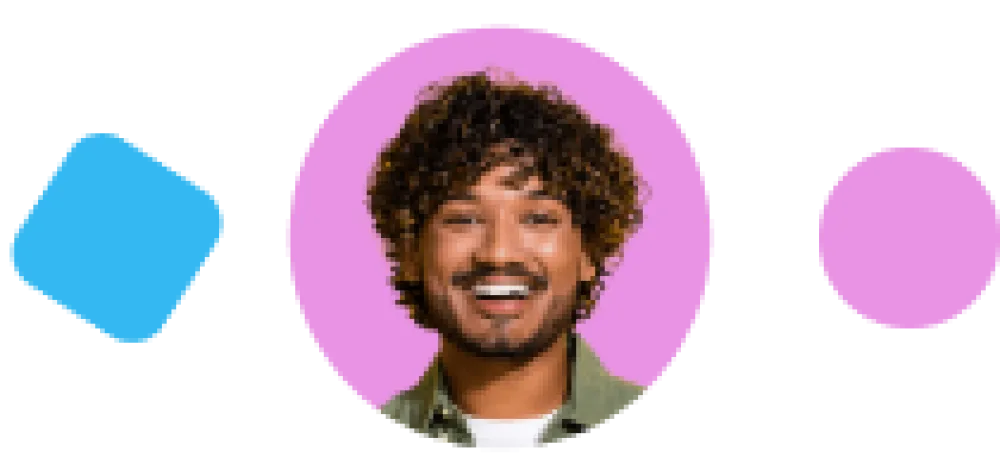 a smiley black man in his 30s in a pink circle, surrounded by a blue square and a pink circle.