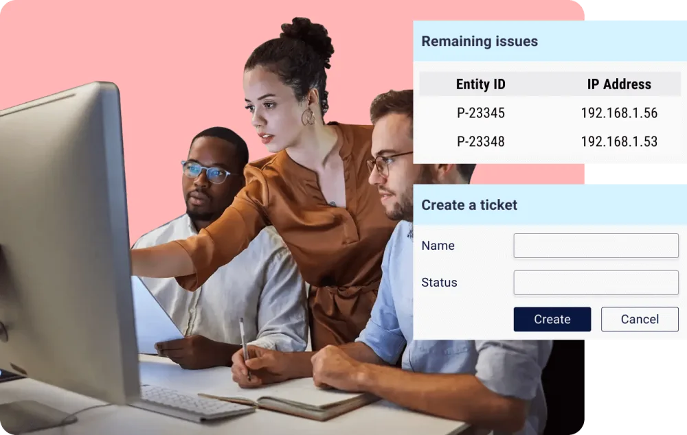 A photo of a black male in his thirties, a latina female in her thirties and a white male in his thirties working together in front of a computer. Two dashboard items are shown next to this: Remaining issues in blue and create a ticket form.