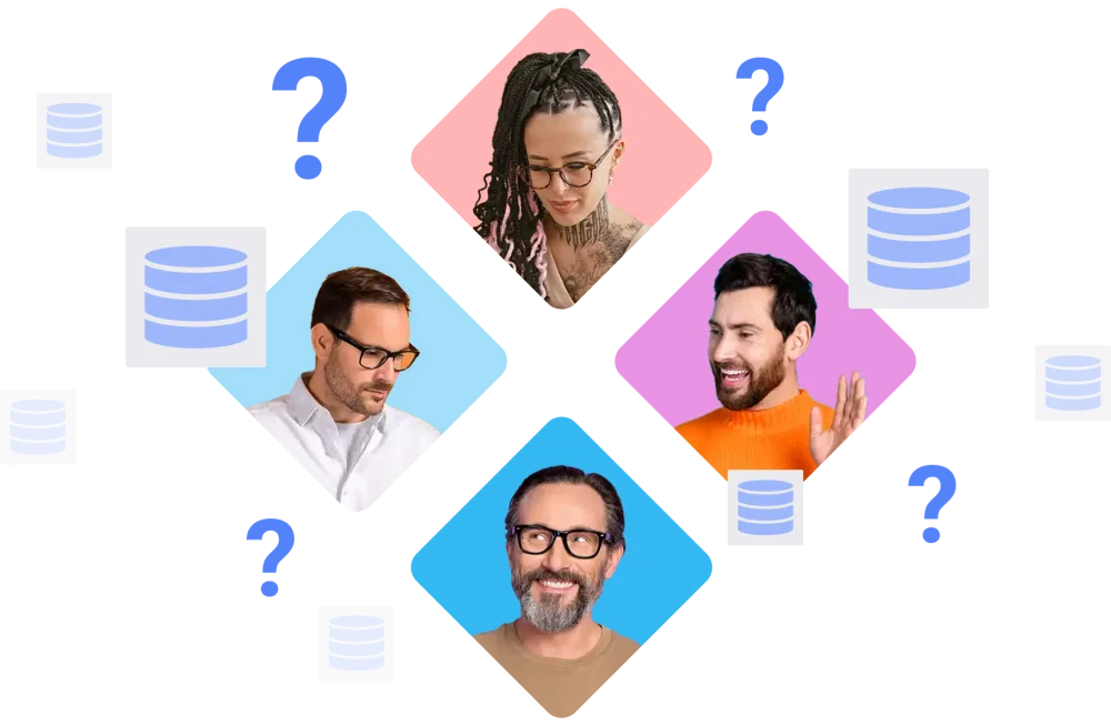 Four quadrants of a diamond that is filled with four different people. the top has a woman with braided hair and glasses looking down. The right has a white male looking towards the middle waving. The bottom has a middle-aged man with glasses and smiling looking up. The left has a man looking down with glasses looking confused. The group can't work out how to work together and are surrounded by missing assets and question marks.