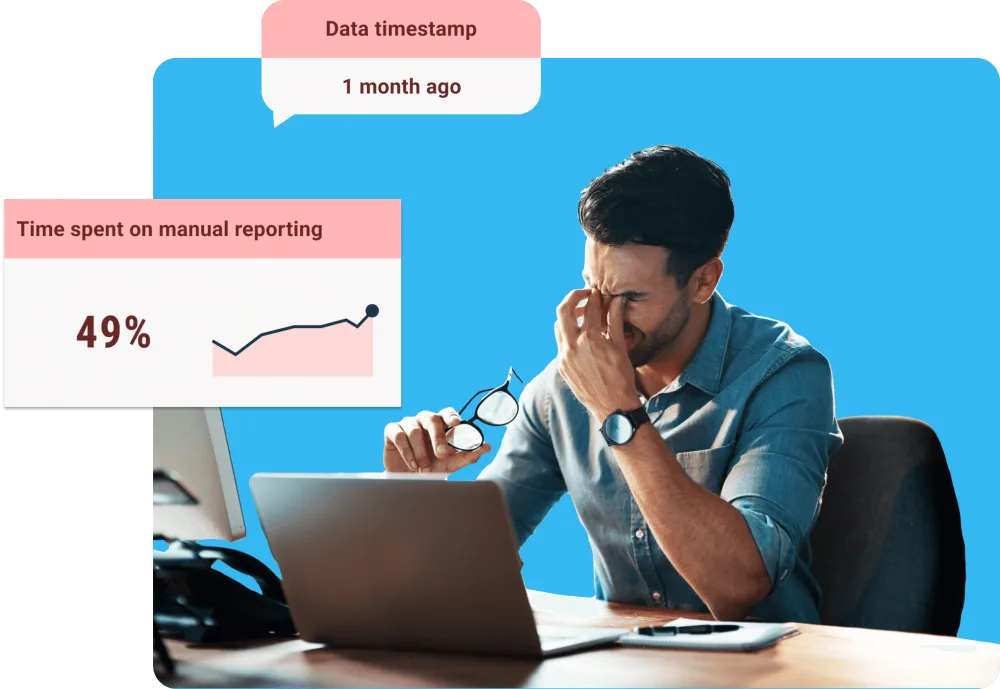 A white male in his 30's with his hand in his face looking frustrated at the computer. Above him are UI snippets from the Panaseer platform alerting him to the time spent on manual reporting at 49% in red, and the data timestamp of being 1 month ago also in red.