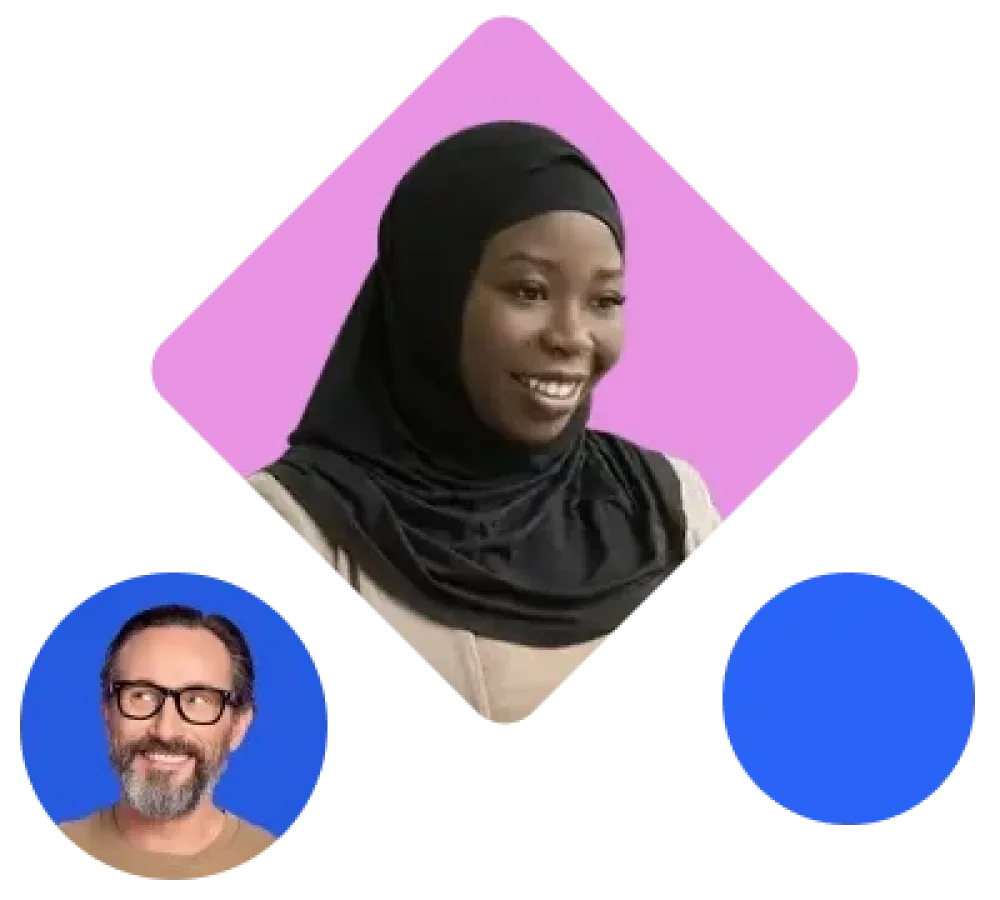 A smiling woman wearing a black headscarf on a pink diamond shaped background, alongside a man in his fifties with grey beard and glasses in a blue circle background.