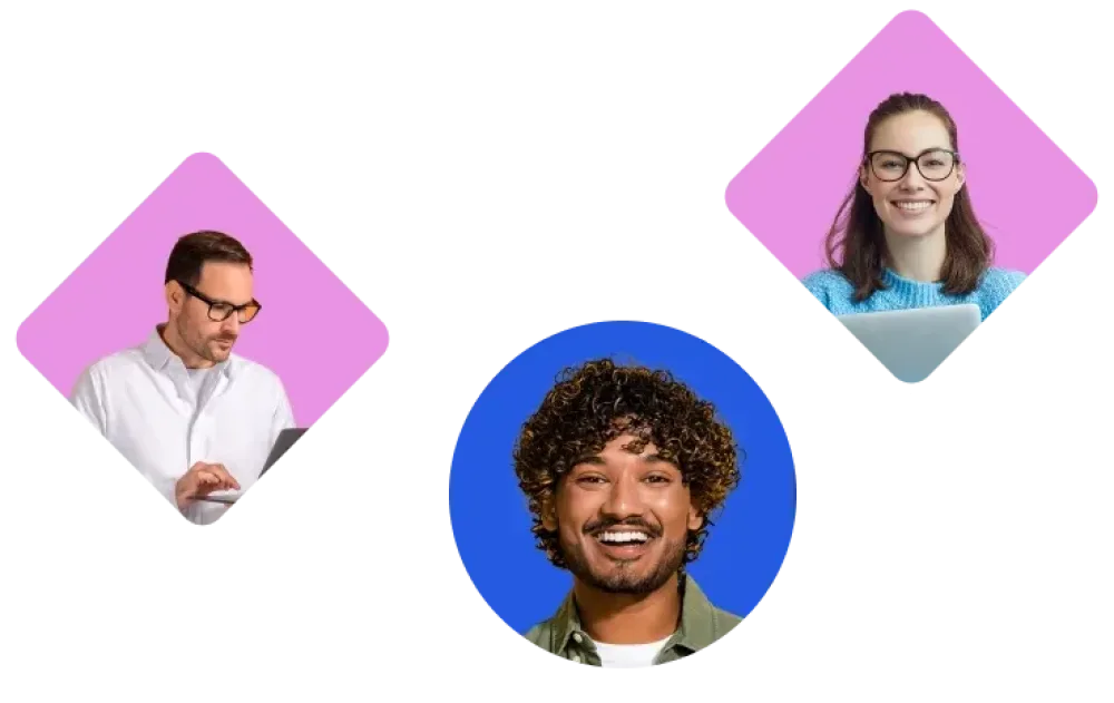 A smiley south asian man in his twenties in a blue circle, with a happy white female with glasses in her thirties in a pink diamond, and a white man with glasses looking at a laptop in a pink diamond.